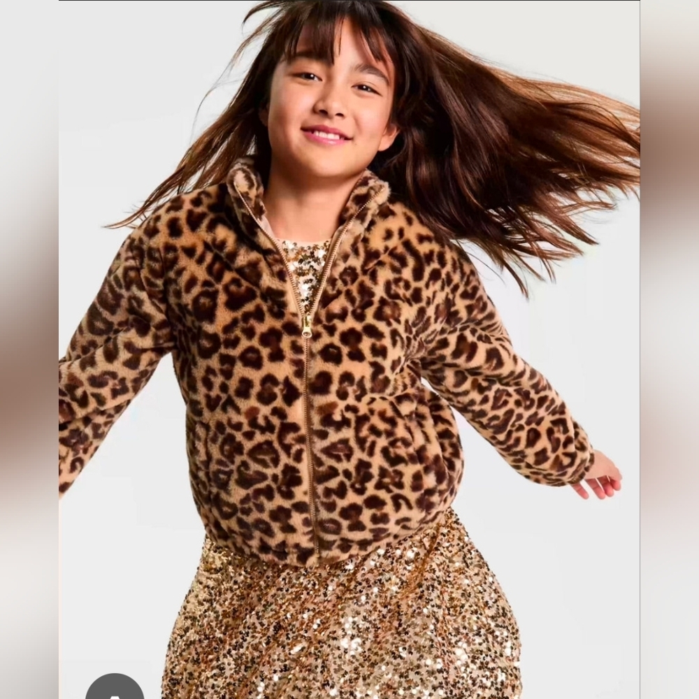 Kids Leopard Print Faux Fur Jacket - Brown - Picture 1 of 7